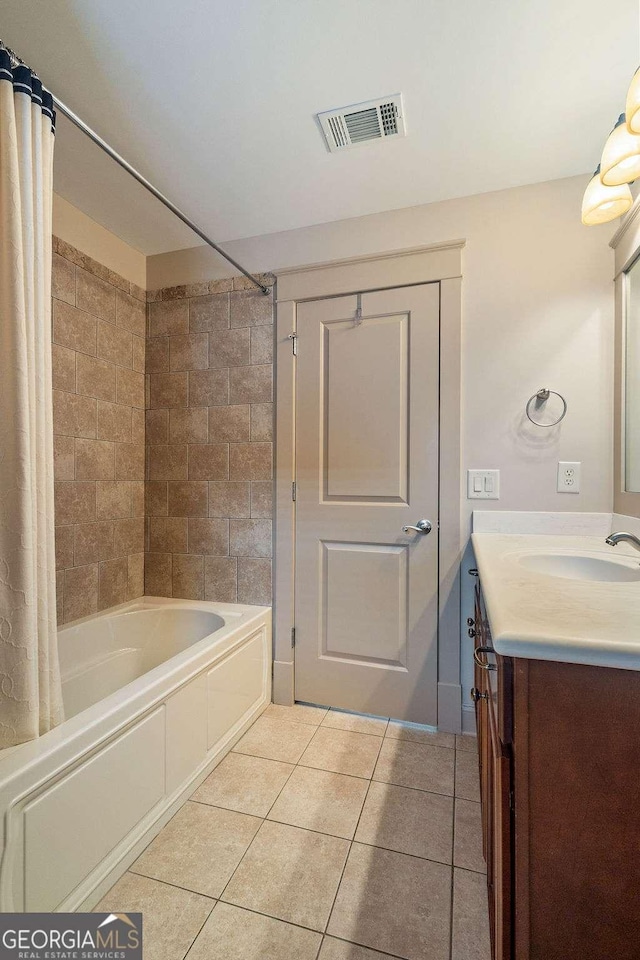 104 Beacon Crst, Newnan, GA 30265 - full bath featuring shower / bathtub combination with curtain, vanity, and tile patterned floors