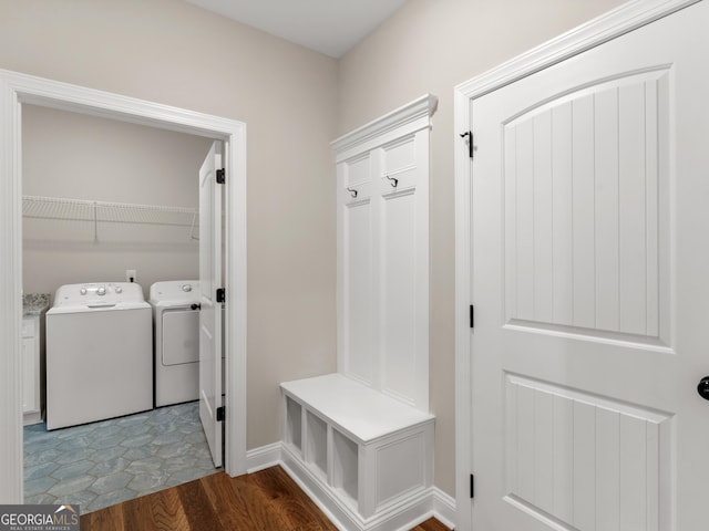 1847 Davis Mill Rd N, Dallas, GA 30157 - mudroom with washing machine and clothes dryer, baseboards, and wood finished floors