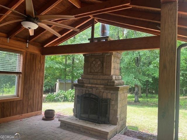 82 Sweetwater Way, Senoia, GA 30276 - view of patio featuring an outdoor stone fireplace and ceiling fan