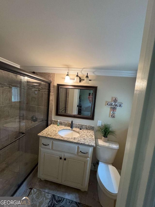 334 Eagle Cir, Dillard, GA 30537 - bathroom featuring vanity, crown molding, and a stall shower