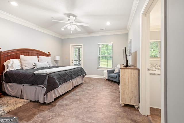 112 Gleneagle Ct Unit D202, Clayton, GA 30525 - bedroom with recessed lighting, ornamental molding, ceiling fan, and connected bathroom