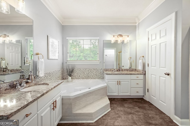112 Gleneagle Ct Unit D202, Clayton, GA 30525 - bathroom featuring plenty of natural light, ornamental molding, a bath, and two vanities