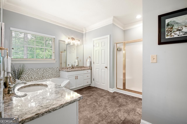 112 Gleneagle Ct Unit D202, Clayton, GA 30525 - full bathroom featuring ornamental molding, two vanities, a shower stall, and a tub