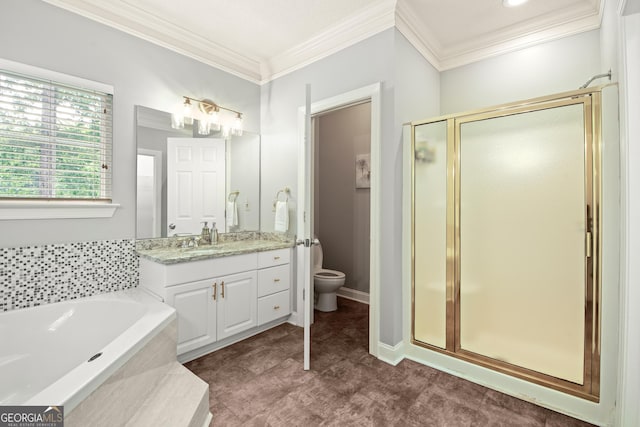 112 Gleneagle Ct Unit D202, Clayton, GA 30525 - bathroom featuring crown molding, a shower stall, vanity, and a garden tub