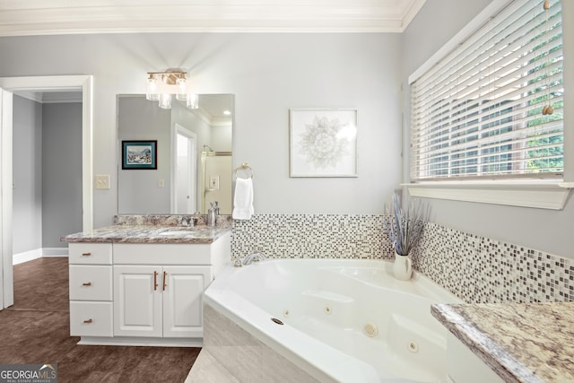 112 Gleneagle Ct Unit D202, Clayton, GA 30525 - bathroom featuring crown molding, vanity, a whirlpool tub, and healthy amount of natural light