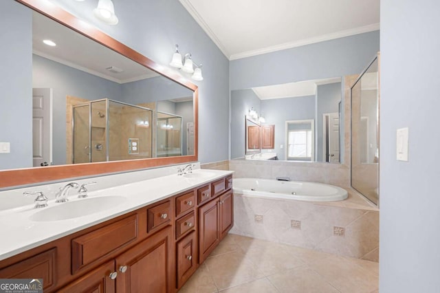 4503 Kendall Way, Roswell, GA 30075 - full bath with a tub with jets, a stall shower, double vanity, tile patterned floors, and crown molding