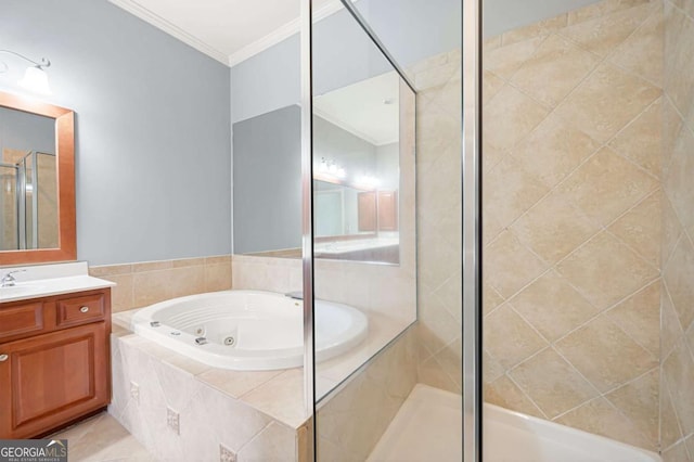 4503 Kendall Way, Roswell, GA 30075 - full bath featuring vanity, a whirlpool tub, ornamental molding, and a shower stall