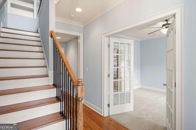 4503 Kendall Way, Roswell, GA 30075 - staircase featuring crown molding, ceiling fan, baseboards, recessed lighting, and carpet flooring