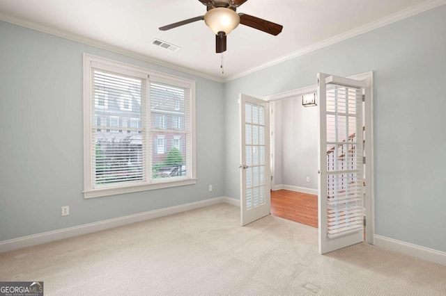 4503 Kendall Way, Roswell, GA 30075 - unfurnished bedroom featuring french doors, carpet flooring, crown molding, baseboards, and a ceiling fan