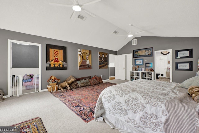 404 Carruth Rd, Winder, GA 30680 - bedroom with carpet floors, baseboards, high vaulted ceiling, and a ceiling fan