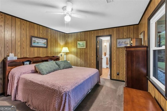 190 Roberts Way, Cornelia, GA 30531 - bedroom with carpet flooring, wooden walls, multiple windows, and ceiling fan