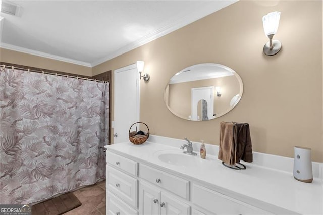 190 Roberts Way, Cornelia, GA 30531 - full bathroom featuring vanity, ornamental molding, tile patterned floors, and a shower with curtain