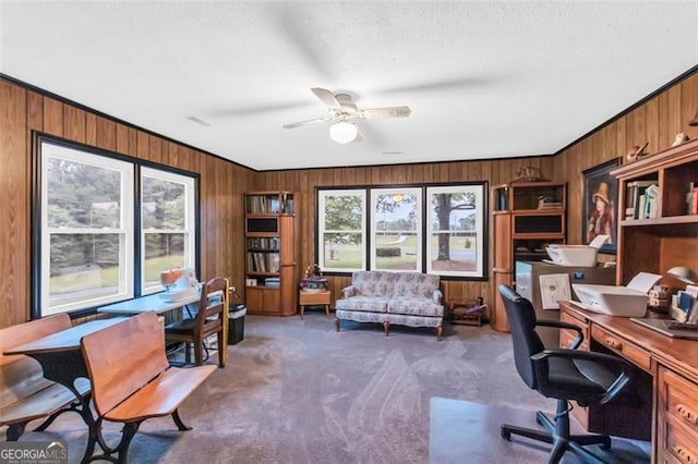 190 Roberts Way, Cornelia, GA 30531 - carpeted home office featuring wooden walls, ceiling fan, a textured ceiling, and crown molding