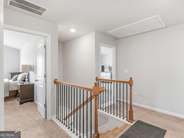 445 Sawmill Trce, Hampton, GA 30228 - hall featuring an upstairs landing, attic access, carpet flooring, recessed lighting, and baseboards