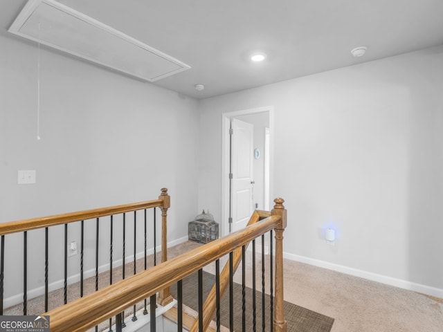 445 Sawmill Trce, Hampton, GA 30228 - hall featuring attic access, an upstairs landing, baseboards, carpet floors, and recessed lighting