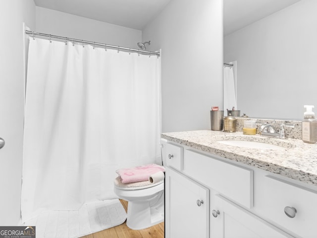 445 Sawmill Trce, Hampton, GA 30228 - full bathroom featuring vanity, toilet, wood finished floors, and a shower with curtain