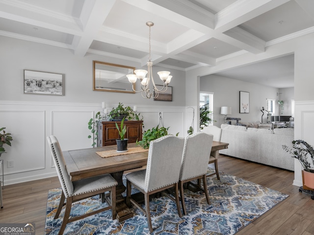 445 Sawmill Trce, Hampton, GA 30228 - dining room with beam ceiling, coffered ceiling, a chandelier, a decorative wall, and wood finished floors