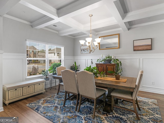 445 Sawmill Trce, Hampton, GA 30228 - dining area with beamed ceiling, coffered ceiling, a chandelier, dark wood-style floors, and a decorative wall