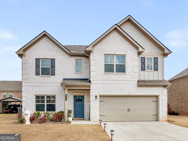 445 Sawmill Trce, Hampton, GA 30228 - view of front of property with a garage, concrete driveway, brick siding, and roof with shingles