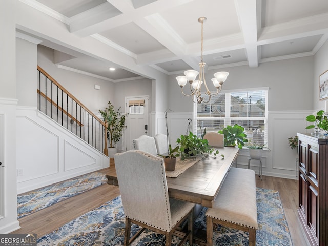 445 Sawmill Trce, Hampton, GA 30228 - dining space featuring coffered ceiling, beam ceiling, a chandelier, stairs, and light wood-style flooring