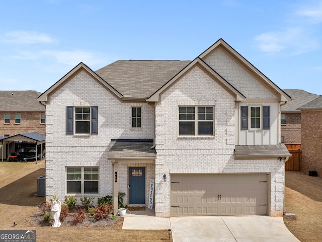445 Sawmill Trce, Hampton, GA 30228 - view of front of property with an attached garage, roof with shingles, concrete driveway, brick siding, and cooling unit