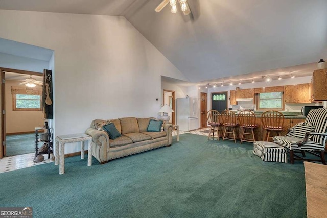 2309 Ridgecrest Cir, Hiawassee, GA 30546 - living area with a ceiling fan, carpet floors, track lighting, and high vaulted ceiling