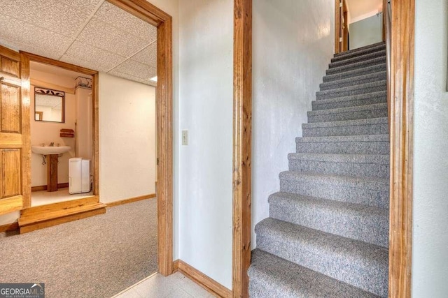 2309 Ridgecrest Cir, Hiawassee, GA 30546 - staircase featuring carpet floors, baseboards, and a drop ceiling