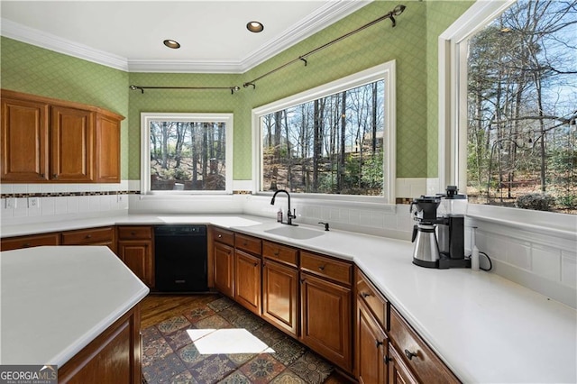 3410 Kates Way, Duluth, GA 30097 - kitchen featuring black dishwasher, a sink, wallpapered walls, crown molding, and light countertops