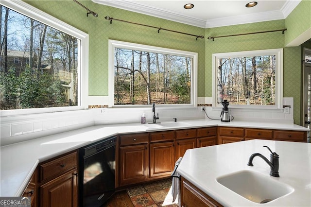 3410 Kates Way, Duluth, GA 30097 - kitchen with dishwasher, a sink, wallpapered walls, crown molding, and light countertops