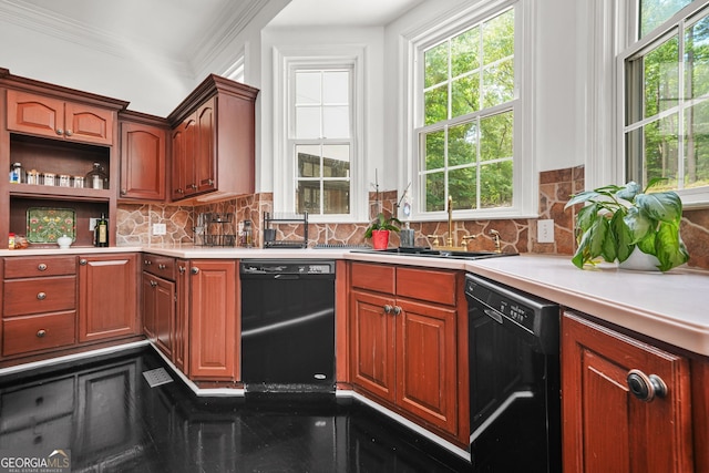 2878 Heather Row Rdg SW, Lilburn, GA 30047 - kitchen featuring black dishwasher, a sink, ornamental molding, light countertops, and backsplash