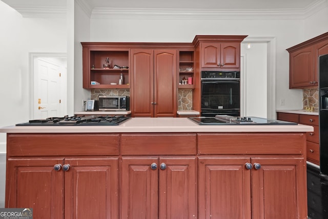 2878 Heather Row Rdg SW, Lilburn, GA 30047 - kitchen with open shelves, decorative backsplash, ornamental molding, stainless steel gas stovetop, and light countertops