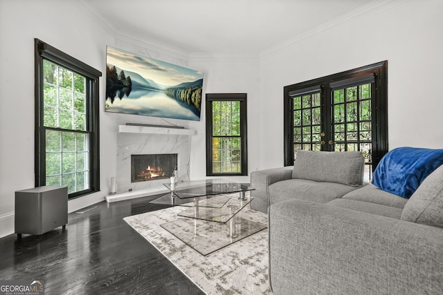 2878 Heather Row Rdg SW, Lilburn, GA 30047 - living room with ornamental molding, a premium fireplace, healthy amount of natural light, wood finished floors, and french doors