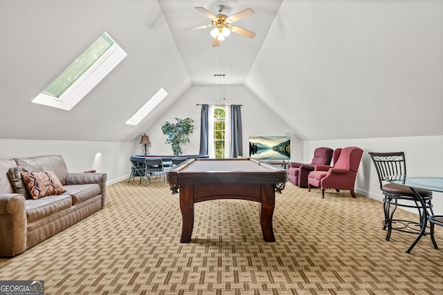 2878 Heather Row Rdg SW, Lilburn, GA 30047 - playroom with carpet, lofted ceiling, billiards, baseboards, and ceiling fan