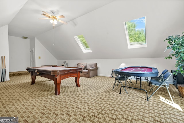 2878 Heather Row Rdg SW, Lilburn, GA 30047 - game room featuring a skylight, pool table, ceiling fan, vaulted ceiling, and baseboards