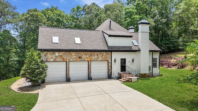 2878 Heather Row Rdg SW, Lilburn, GA 30047 - view of front facade featuring concrete driveway, a shingled roof, a front lawn, an attached garage, and stone siding