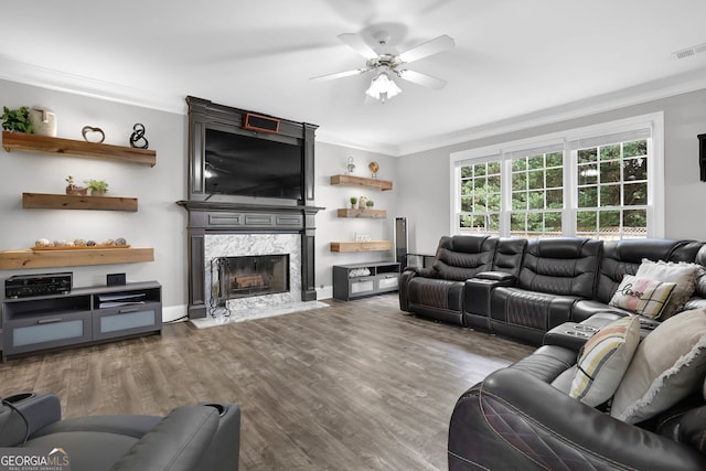 285 Finsbury Park Ct, Suwanee, GA 30024 - living room with ornamental molding, ceiling fan, a high end fireplace, and wood finished floors