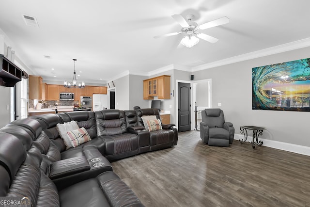 285 Finsbury Park Ct, Suwanee, GA 30024 - living area with ceiling fan, ornamental molding, wood finished floors, baseboards, and a chandelier