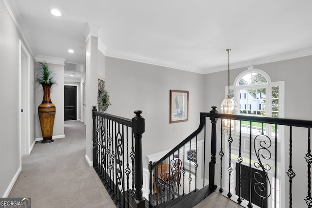 285 Finsbury Park Ct, Suwanee, GA 30024 - hallway featuring an upstairs landing, carpet, recessed lighting, crown molding, and baseboards