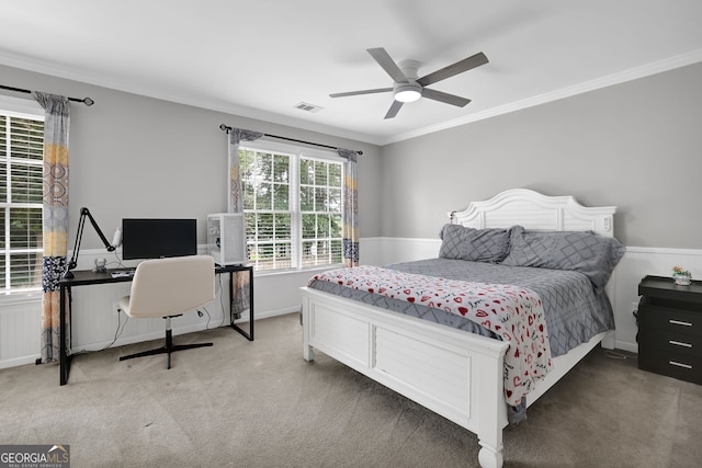 285 Finsbury Park Ct, Suwanee, GA 30024 - bedroom featuring carpet, ornamental molding, an office area, a ceiling fan, and wainscoting