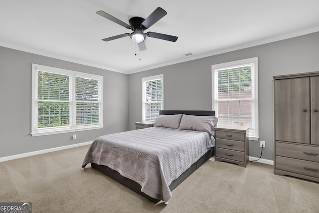 285 Finsbury Park Ct, Suwanee, GA 30024 - bedroom with light colored carpet, ornamental molding, and ceiling fan