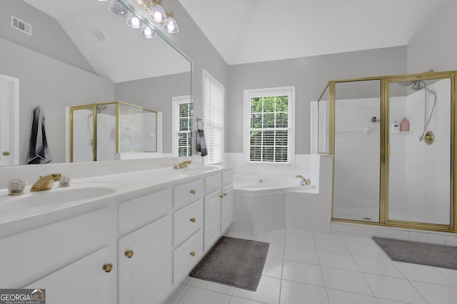 285 Finsbury Park Ct, Suwanee, GA 30024 - full bath with vaulted ceiling, a bath, tile patterned flooring, a stall shower, and double vanity