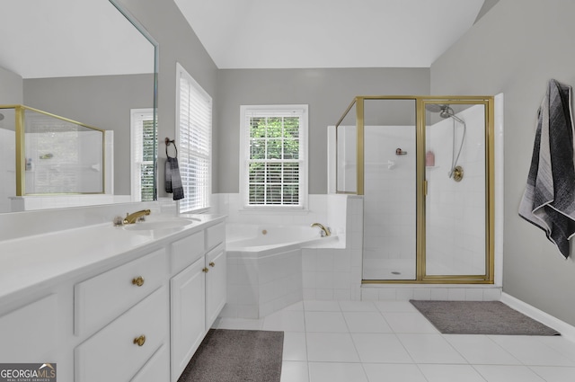 285 Finsbury Park Ct, Suwanee, GA 30024 - full bath featuring a garden tub, vanity, tile patterned flooring, a shower stall, and vaulted ceiling