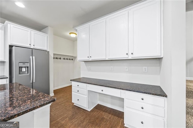 303 Orange Cir, Dawsonville, GA 30534 - kitchen with stainless steel fridge with ice dispenser, white cabinets, dark stone countertops, dark wood finished floors, and recessed lighting