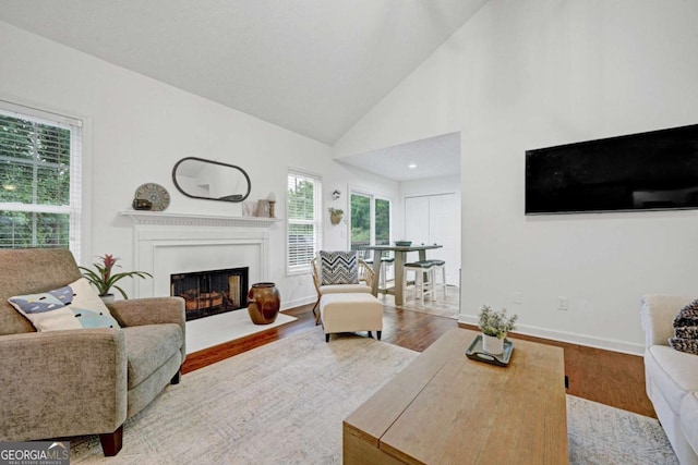 5421 Amherst Way, Flowery Branch, GA 30542 - living area featuring a fireplace with flush hearth, wood finished floors, healthy amount of natural light, baseboards, and high vaulted ceiling