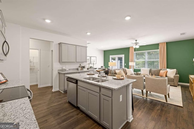 1311 Aura Ln, Lawrenceville, GA 30045 - kitchen featuring gray cabinets, stainless steel dishwasher, dark wood-style floors, ceiling fan, and a kitchen island with sink