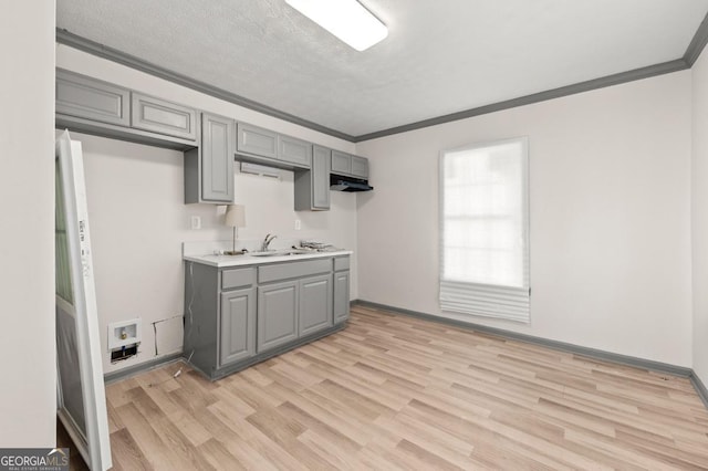 2110 Newnan St, Atlanta, GA 30344 - kitchen featuring gray cabinetry, crown molding, light wood-style floors, light countertops, and under cabinet range hood