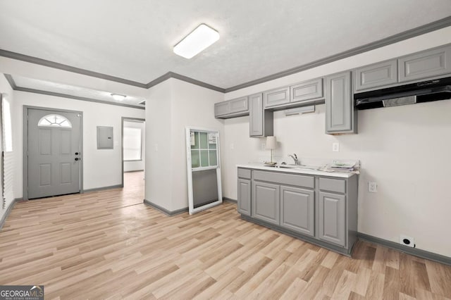 2110 Newnan St, Atlanta, GA 30344 - kitchen featuring gray cabinets, light wood finished floors, electric panel, light countertops, and crown molding
