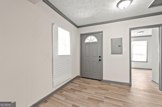 2110 Newnan St, Atlanta, GA 30344 - foyer entrance with electric panel, crown molding, light wood-style floors, a textured ceiling, and healthy amount of natural light