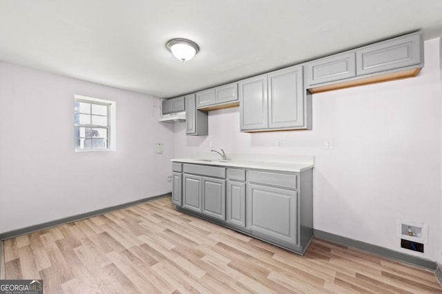 2110 Newnan St, Atlanta, GA 30344 - kitchen featuring gray cabinetry, light wood finished floors, and light countertops