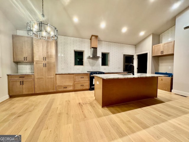 54 Myna, Ellijay, GA 30540 - kitchen featuring range, lofted ceiling, light wood-style floors, backsplash, and a chandelier